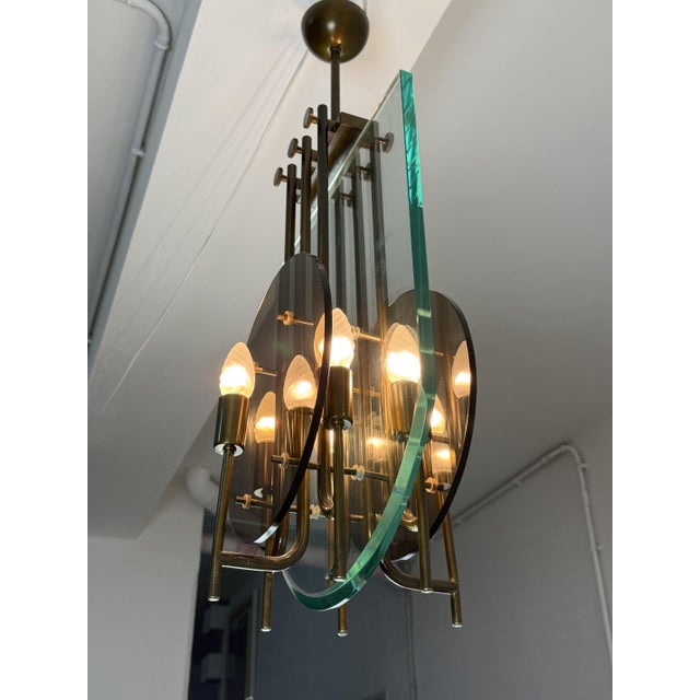 Mid-Century Modern Six-Light Chandelier in Brass and Nile Green Murano Glass, 1960s For Sale - Image 3 of 14