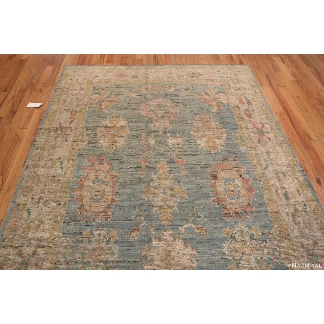 Turkish Light Blue Background Turkish Oushak Design Modern Room Size Rug For Sale - Image 3 of 7