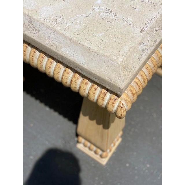Kreiss Kreiss Contemporary Travertine Stone Carved Wood Accent Table For Sale - Image 4 of 5
