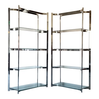Mid Century Milo Baughman Chrome & Glass Etagere Bookcase Shelf - a Pair For Sale