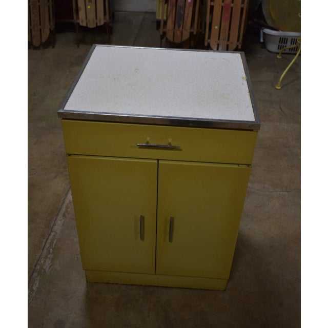 Metal Vintage 1950s Yellow Metal Kitchen Cabinet W/ Formica Top Mid-Century For Sale - Image 7 of 14