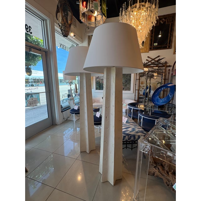 Vintage Michael Taylor 1970s monumental pair of plaster floor lamps. These come with the original shades which have one...