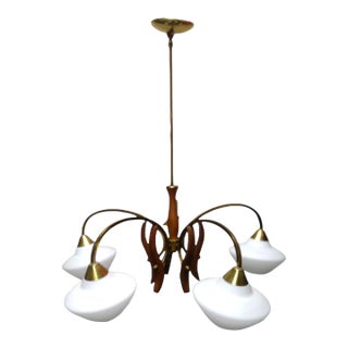 1940s Mid-Century Modern Chandelier With Teak, Brass, and Opaline Glass. For Sale