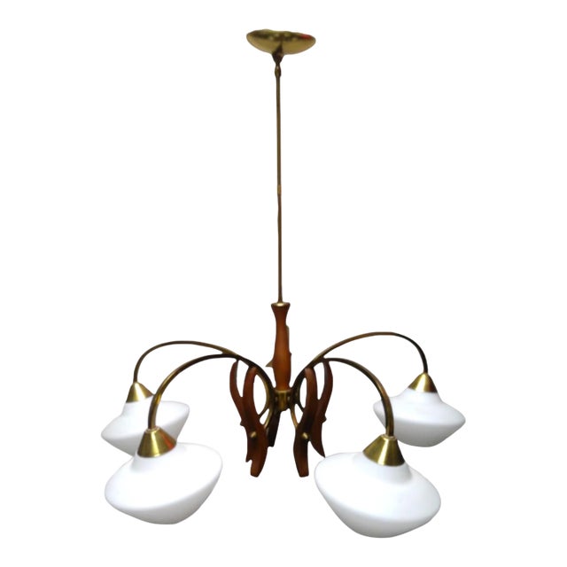 1940s Mid-Century Modern Chandelier With Teak, Brass, and Opaline Glass. For Sale