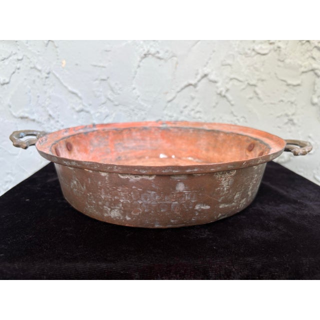 Mid 20th Century Vintage Primitive Copper Tone Handled Serving Pan With Brass Handles For Sale - Image 5 of 9