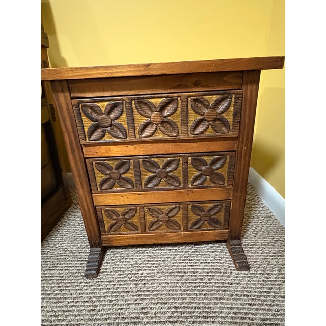 Spanish Colonial double-sided 3 drawer Cedro Side Table. Hand crafted with flowers on both sides of the drawers. Each...