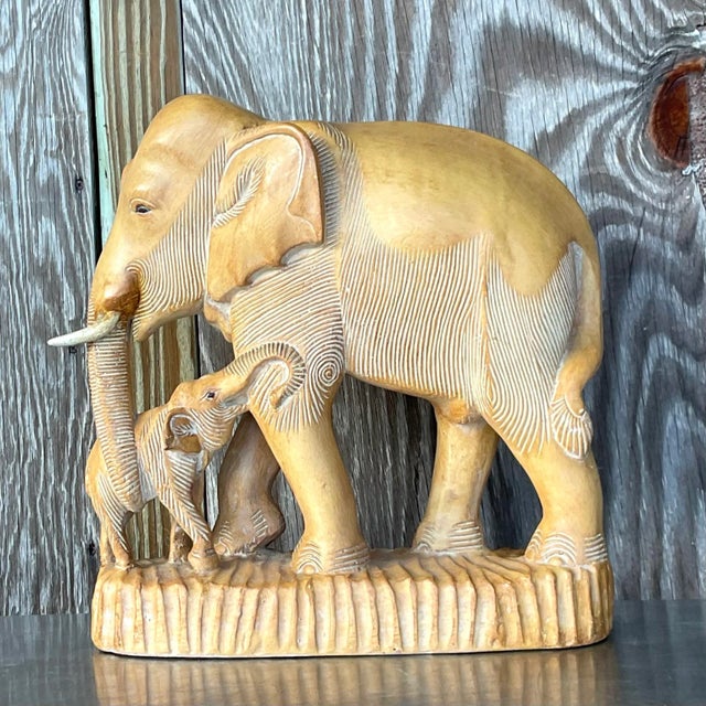 Late 20th Century Vintage Boho Hand Carved Elephants Sculpture For Sale - Image 5 of 8