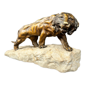 Patinated Bronze Mounted on Marble Sculpture Figure of a Lion