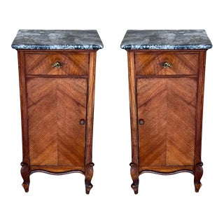 1900s, Art Nouveau Pair of Walnut Nightstands With Crest and Marble Top For Sale