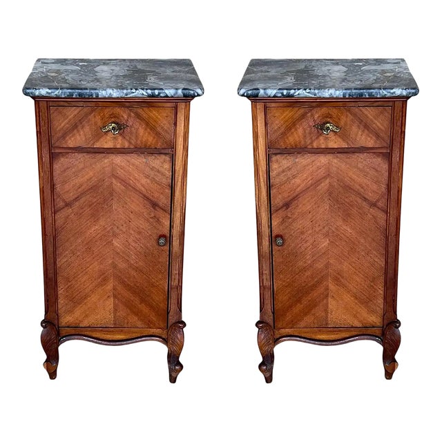 1900s, Art Nouveau Pair of Walnut Nightstands With Crest and Marble Top For Sale