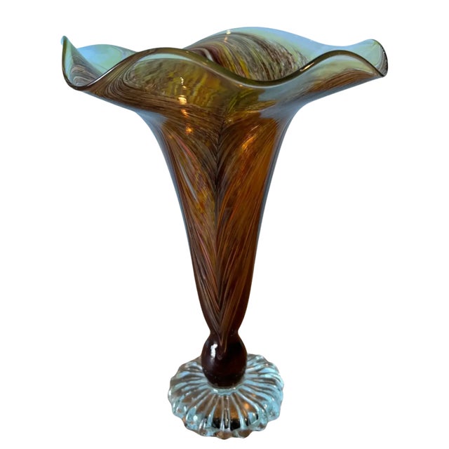 Early 21st Century Signed Art Glass Amber Pulled Feather Pattern Trumpet Vase For Sale - Image 5 of 10