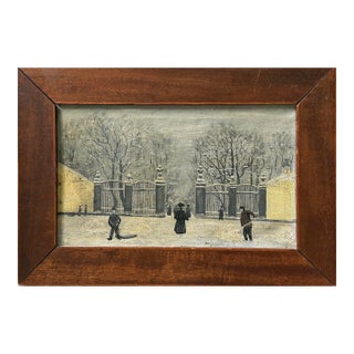 Antique Swedish Folk Art Winter Park Landscape With Figures, Signed (Oil on Canvas) For Sale