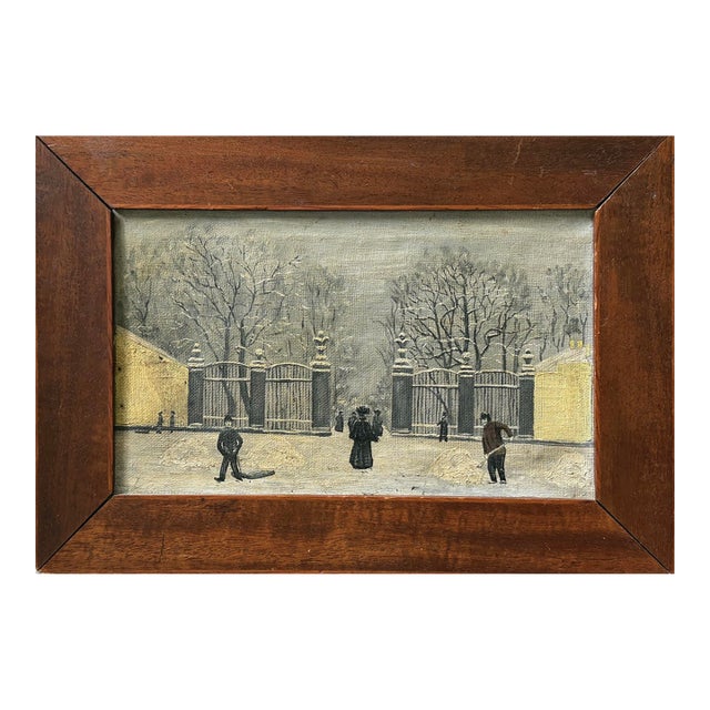 Antique Swedish Folk Art Winter Park Landscape With Figures, Signed (Oil on Canvas) For Sale