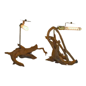 1960s Natural Driftwood Cypress Knee Wooden Table Lamps - Set of Two