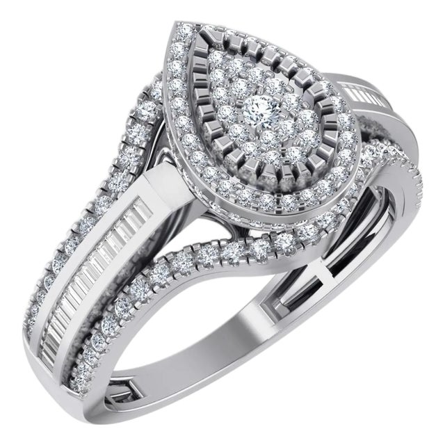 10K White Gold Round Baguette Diamond Pear Shape Sz 7 Designer Ladies Ring 3/4 Cttw, Size 7 For Sale