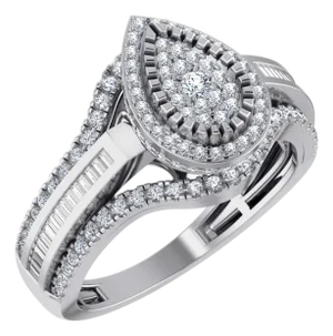 10K White Gold Round Baguette Diamond Pear Shape Sz 7 Designer Ladies Ring 3/4 Cttw, Size 7