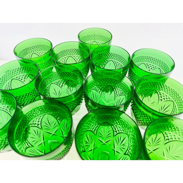 Vintage Emerald Green Pressed Glass Water Goblets With Clear Stems, Set of 13 For Sale In Little Rock - Image 6 of 13