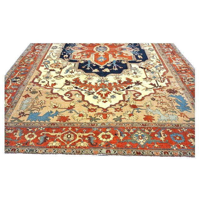 Tan Persian Serapi Wool 7x11 Rust, Navy, Tan, & Ivory Handmade Area Rug #9902841 For Sale - Image 8 of 12