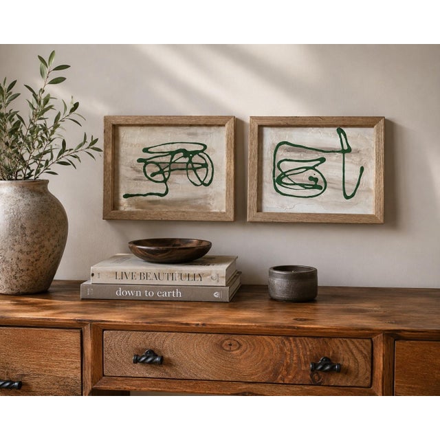 Wood Organic Modern Textured Green Abstract Paintings in Natural Wood Frames – 8” X 10” - Unsigned Unknown Artist For Sale - Image 7 of 11