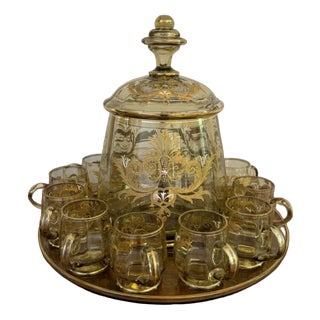 Antique Bohemian Glass Punch Bowl Set, 1900, Set of 12 For Sale