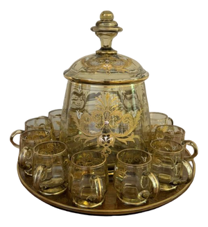 Antique Bohemian Glass Punch Bowl Set, 1900, Set of 12