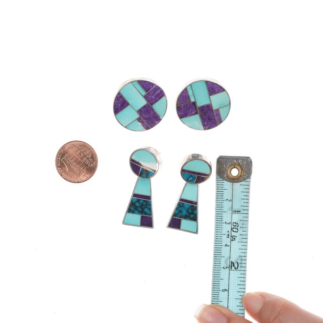 Metal 2pr Ray Tracey Knifewing Navajo Multi-stone channel inlay sterling earrings For Sale - Image 7 of 8