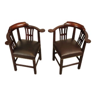 Antique 18th Century English Chippendale Style Mahogany & Leather Corner Chairs - A Pair For Sale