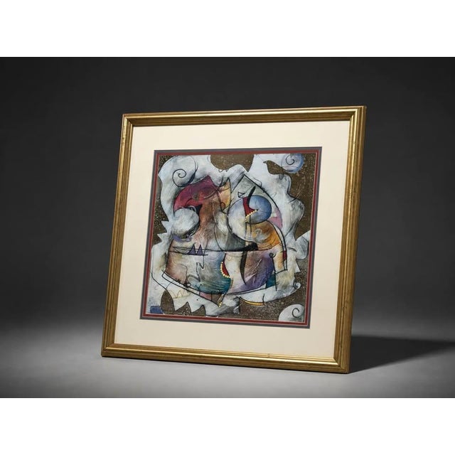 Abstract Early 21st Century Colorful Abstract Mixed Media Painting, Gold Frame For Sale - Image 3 of 8