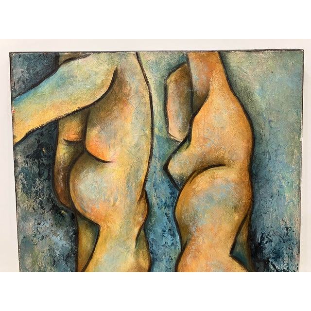 This oil on canvas is inspired by “Caryatid” by Modigliani The cubist nudes are aligned upside and downside Subtle shading...