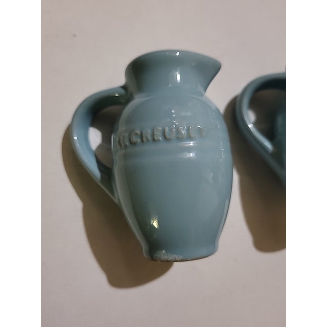 Le Creuset Salt & Pepper Shakers with Handle. Jug Shaped. Vintage early 1900s. No cork stoppers.