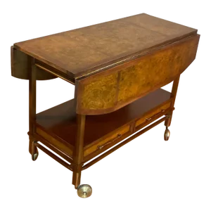 Mid-Century Modern Tomlinson Walnut Burl Maple Drop Leaf Rolling Serving Buffet Cart Server