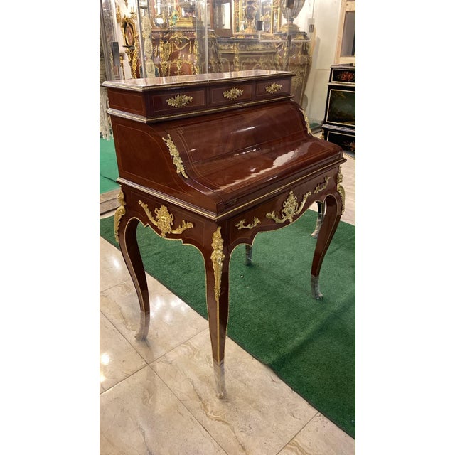 Rococo 1960s French Louis XV Secretary Desk Hand-Painted Mahogany Bureau Plat 6 drawers Mahogany For Sale - Image 3 of 6