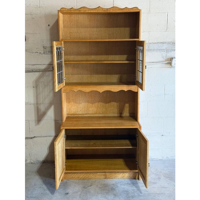 Mid-Century Modern Vintage Oak High Cabinet With Glass Door Hutch Display Storage Unit 1970s For Sale - Image 3 of 10