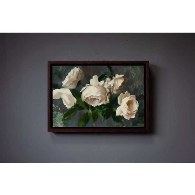 Wood Contemporary Roses III by Jon Doran | Oil on Panel Open White Roses on Grey Still Life For Sale - Image 7 of 9