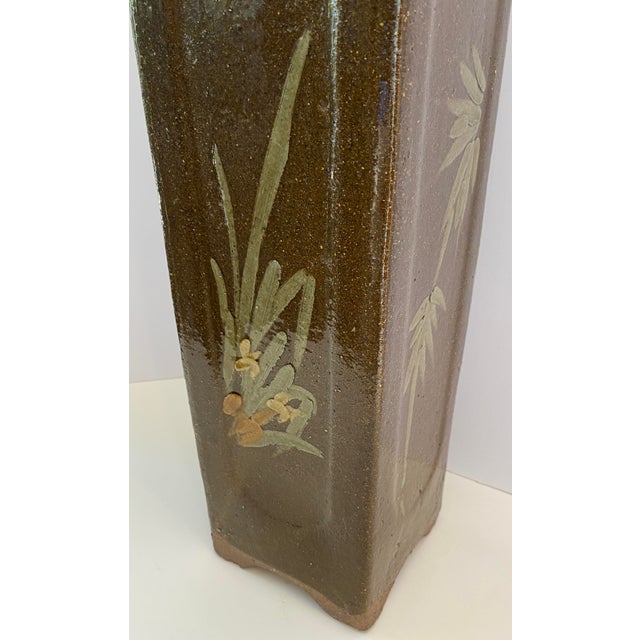 Tall Mid-Century Chinese Glazed Earthenware Floor Vase or Planter With Floral Motif For Sale In Miami - Image 6 of 7