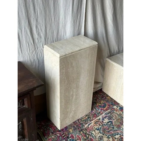 Tall Italian travertine pedestal perfect for displaying sculptures, objects of art, etc. 14.5”x8” 29” tall