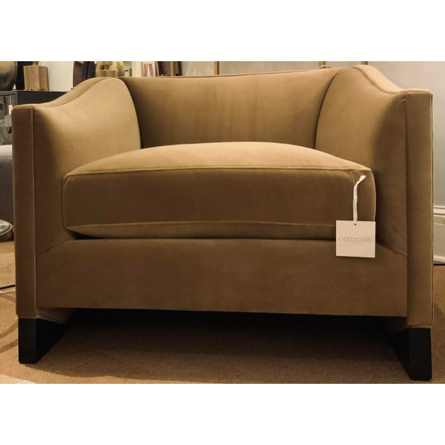 Stylish Caracole Modern Camel Velvet Club Chairs Pair, warm dark wood bases, very comfortable, showroom floor samples