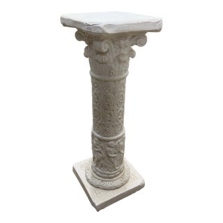 Vintage 25" Greek Roman Spartan Warriors Plaster Column Pedestal Display Pillar For Sale