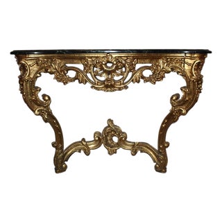 Louis XV Style Gilt Wall Console Table With Green Marble Top For Sale