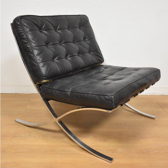Vintage Barcelona Style Black Leather Lounge Chair | Chairish