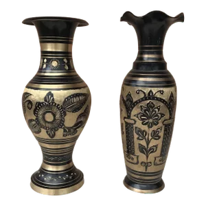Vintage Midcentury Brass and Black Indian Style Vases, a Pair