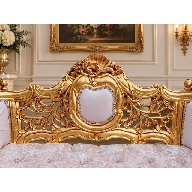 Wood Late20C French Louis XVI Gold Pink Damask Settee For Sale - Image 7 of 11