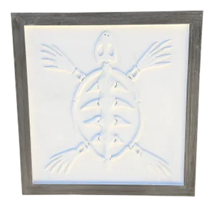 1990s John Scarola Sea Turtle Skeleton in Carved Wood on Wood Panel