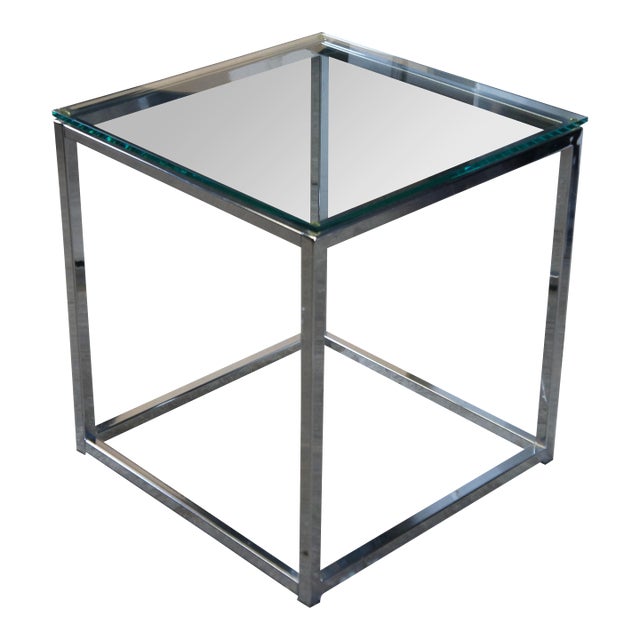 Small Modernist Chrome and Glass Cube Modern Side End Table For Sale