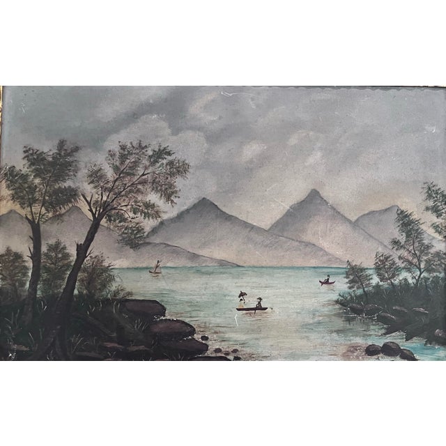 Antique American Folk Art Mountain Lake Landscape Oil Painting on Artist’s Board, C. 1900 For Sale - Image 11 of 12