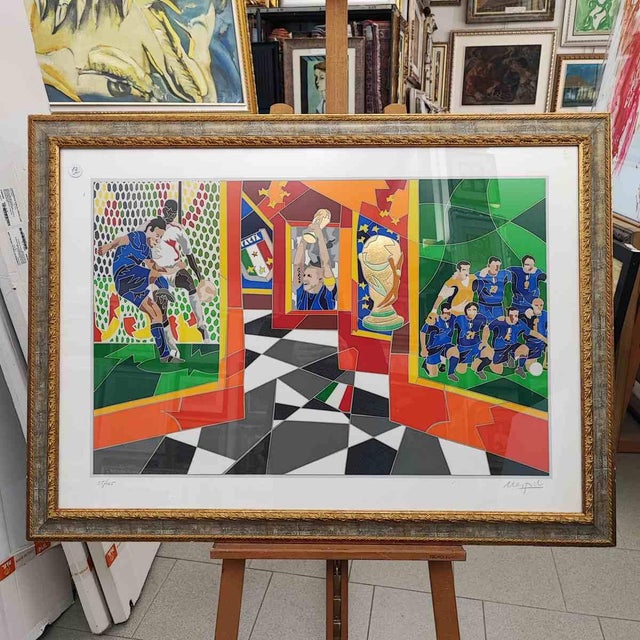 Ugo Nespolo, Football Match, Paint, Framed For Sale - Image 11 of 11