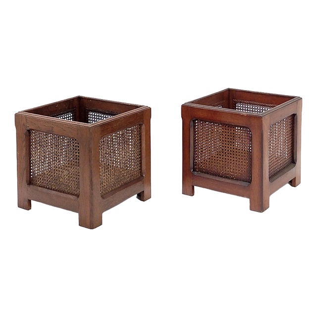 Vintage Planters in Wood and Woven Cane Panels, 1970s, Set of 2 For Sale