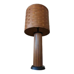 Vintage 1960s Gruvwood Table Lamp With Wood Woven Shade