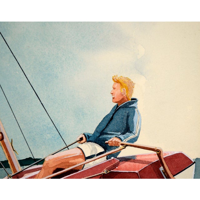 Detailed illustration of a sailor in a catamaran by Edward T. Liljenwall (American, 1943-2010). The sailboat is tilted at...
