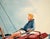 Detailed illustration of a sailor in a catamaran by Edward T. Liljenwall (American, 1943-2010). The sailboat is tilted at...